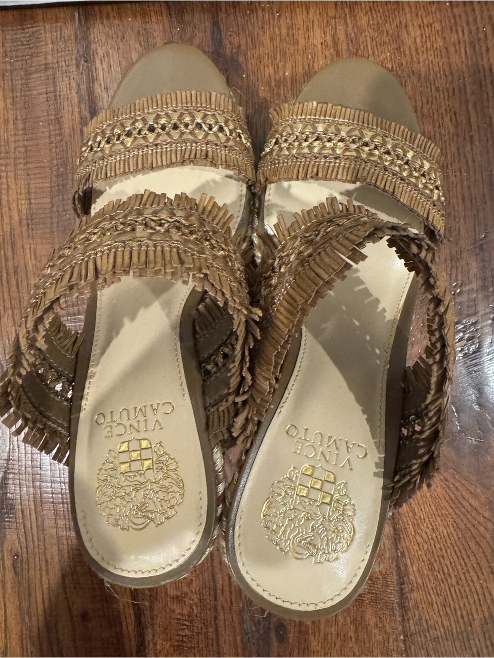 Vince Camuto Tan and Gold Braided Wedge Slides - Picture 6 of 7